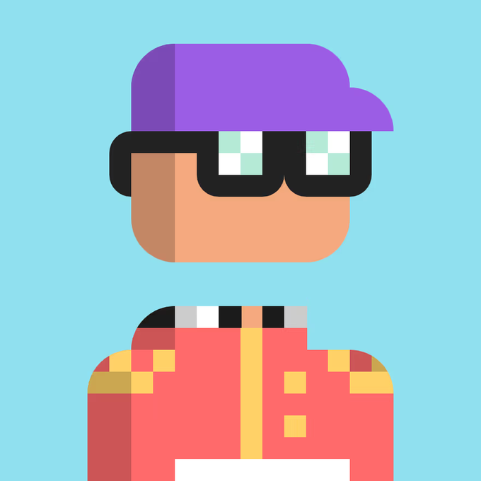 Flat design illustration of a stylized character with a purple cap, sunglasses, and a pink/red outfit on a light blue background.
