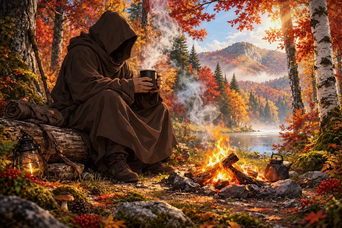 A digital illustration of a hooded figure in a brown cloak sitting on a log beside a campfire, holding a steaming mug in an autumn forest setting with a lake and mountains in the background.