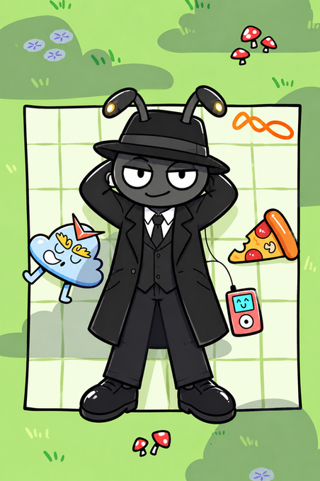 A cartoon illustration of an ant character wearing a black suit, fedora, and tie, standing on a checkered picnic blanket surrounded by a pizza slice, a blue character, mushrooms, and a pink music player.