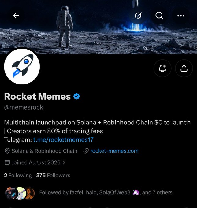 A screenshot of the X profile @memesrock_ "Rocket Memes," a verified multichain launchpad on Solana and Robinhood Chain offering $0 to launch with creators earning 80% of trading fees, with the accompanying post highlighting its early-stage status and unusual benefits for a launchpad.