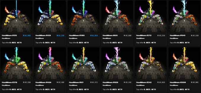 A grid of NFT profile pictures from the HooliBeanz collection showing various colorful robot characters in different poses, with prices and rankings displayed beneath each.
