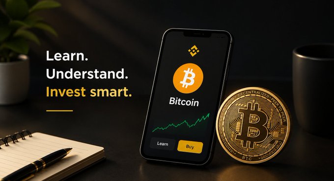 Cryptocurrency promotional banner with the text 'Learn. Understand. Invest smart.' next to a smartphone displaying a Bitcoin logo and 'Learn'/'Buy' buttons, accompanied by a physical Bitcoin coin and a notebook with a pen.
