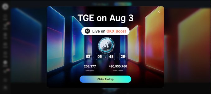 A promotional graphic announces "TGE on Aug 3" for $AIW3, featuring a "Live on OKX Boost" badge, a countdown timer showing 03:06:48:28, 203,377 participants, 490,950,760 points earned, and a "Claim Airdrop" button, highlighting the upcoming token generation event for the AI Agent-driven on-chain transaction platform.