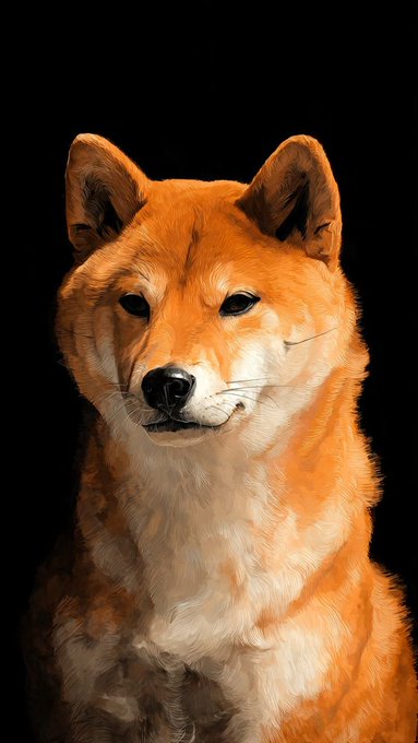 A portrait-style painting of a Shiba Inu dog with orange and white fur, set against a dark black background.
