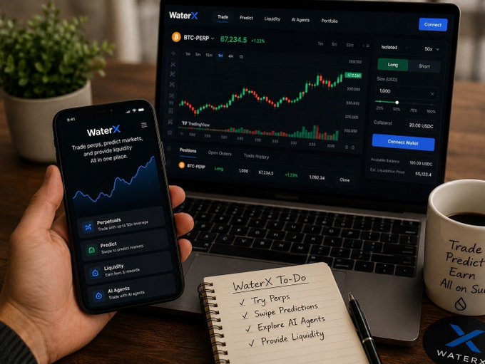 A person holds a smartphone displaying the WaterX app ("Trade perps, predict markets, and provide liquidity. All in one place.") alongside a laptop showing the WaterX trading interface with BTC-PERP at 67,234.5 (+1.23%) and a "Connect Wallet" option, plus a to-do list highlighting WaterX tasks like "Try Perps," "Swipe Predictions," "Explore AI Agents," and "Provide Liquidity." The setup visually reinforces the post's theme of WaterX as a unified, all-in-one on-chain trading platform on the Sui Network.