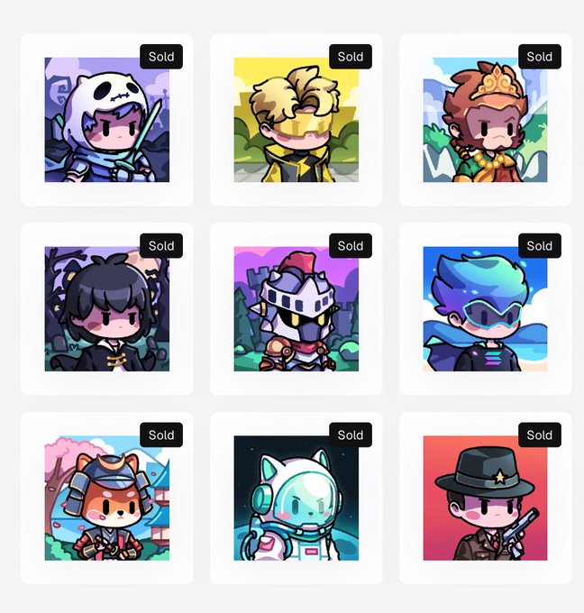 Grid of 9 chibi-style cartoon NFT character art pieces, all marked 'Sold', featuring various characters like a panda warrior, knight, monkey king, swordsman, robot, and others.