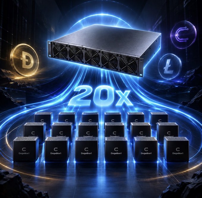 A promotional graphic showing a large mining rig connected to multiple smaller "DogeBox1" units, surrounded by glowing cryptocurrency symbols including Dogecoin and Litecoin, with the text "20X" prominently displayed.