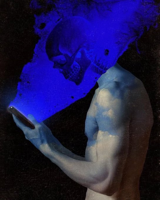 A surreal digital artwork of a shirtless man in profile looking at a phone, with vibrant blue skull imagery emerging from his head against a dark background.