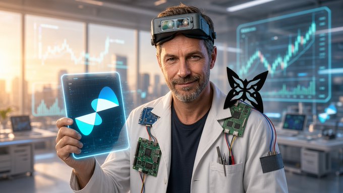 A bearded engineer wearing a VR/AR headset holds a glowing holographic tablet in a high-tech lab, with floating financial charts and circuit boards decorating his lab coat, visually echoing the post's tech-forward theme of upgrading the QuipNetwork wallet and testing QuipSwap on Base with unlocked funds.