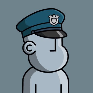A cartoon character wearing a police officer's cap with a badge stands against a gray background. The image relates to the post's playful theme of "sweeping" or collecting NFTs like a cop rounding up NPCs, with the post's text "#NewNFTs @npconchain" tying into the detective/police imagery.