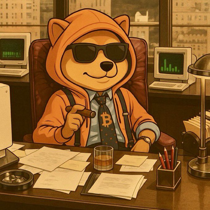 The image features a cartoon dog wearing sunglasses, a hoodie, and a tie, sitting at a desk with papers scattered around him. The dog appears to be holding a cigar and a glass of whiskey while looking at his computer screen. The caption reads "Is it still cool to buy $DOG", which is related to the post about Bitcoin that was shared in the image.