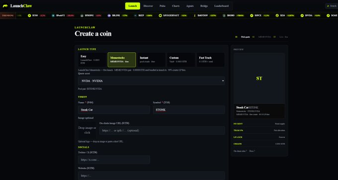 A screenshot of the 'LaunchLab' cryptocurrency launchpad interface, specifically a 'Create a coin' page with various token settings and a preview for a token named 'ST'.