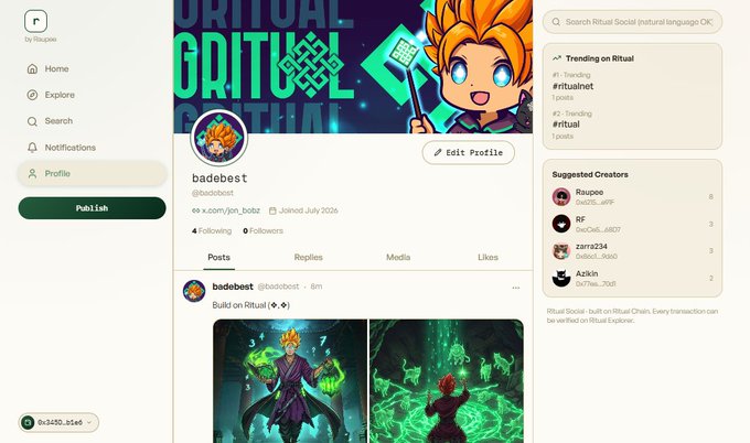 A screenshot of a profile page on the Ritual social platform for user 'badebest', showing an anime-style avatar and posts featuring a green-magic-wielding anime character, with a '0x3450...b1e6' wallet address visible.