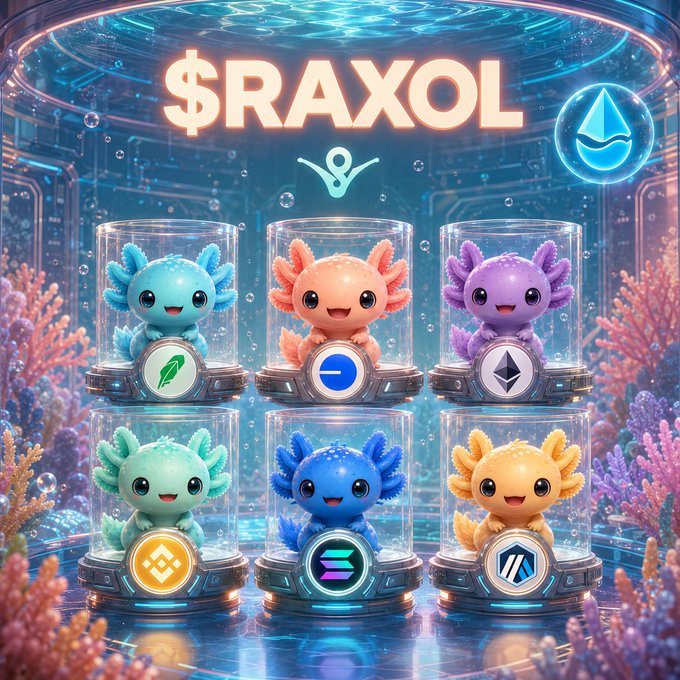 Six colorful axolotl plush toys sit inside individual illuminated underwater display cases beneath a glowing '$RAXOL' sign and an SUI water drop logo.