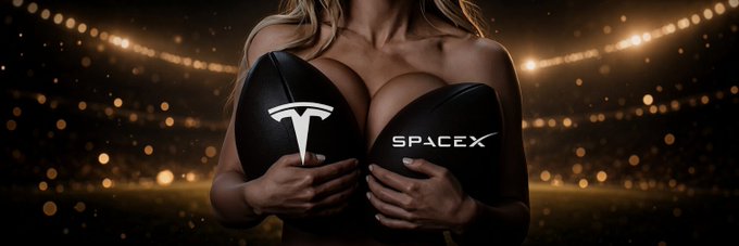 A stylized image of a woman holding two black orbs displaying the Tesla and SpaceX logos against a backdrop of stadium lights.