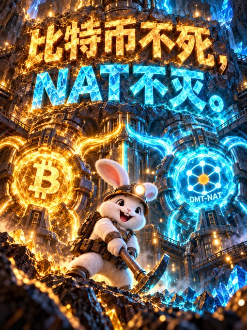 A vibrant digital artwork featuring a white rabbit miner with a pickaxe, flanked by glowing orange Bitcoin and blue NAT (DMT-NAT) symbols, with Chinese text '比特币不死, NAT不灭' (Bitcoin lives forever, NAT is immortal) above.