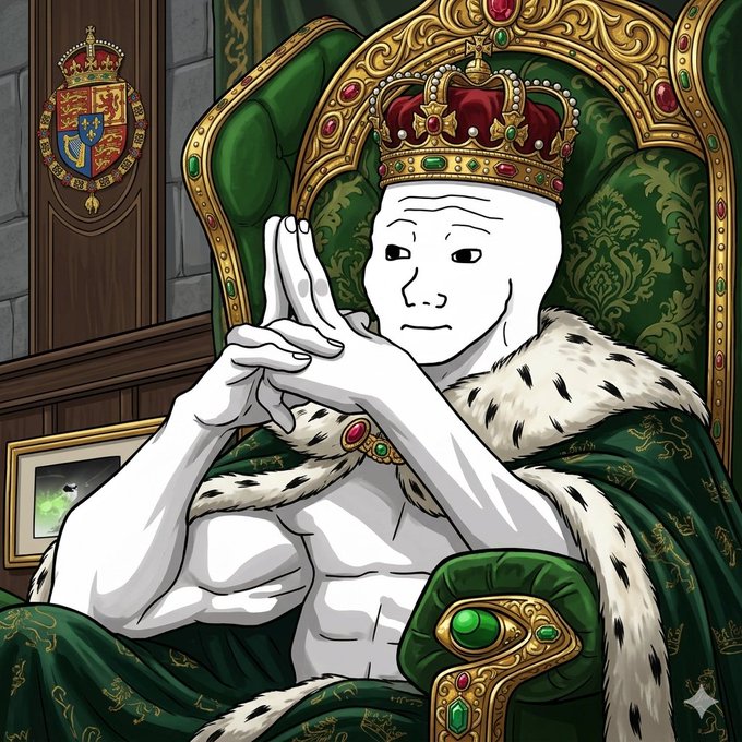 An anime-style illustration depicts a muscular figure wearing a crown and ermine-trimmed royal robes, seated on an ornate throne with hands clasped in a praying gesture, featuring a coat of arms on the wall behind.