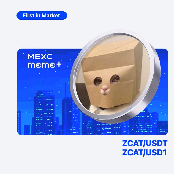A promotional graphic announces the MEXC Meme+ first-in-market listing of $ZCAT, available as ZCAT/USDT and ZCAT/USD1 trading pairs, featuring a cardboard box with a cat's face poking through as the meme mascot against a blue cityscape background.