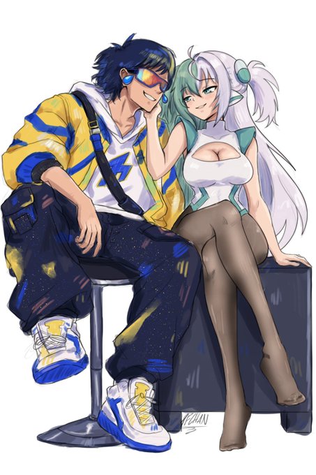 Anime-style illustration of two characters: a dark-haired male in a yellow jacket, white hoodie, sunglasses, and galaxy-print pants sitting on a stool, beside a white-haired female character in a futuristic white and teal top with sheer tights.