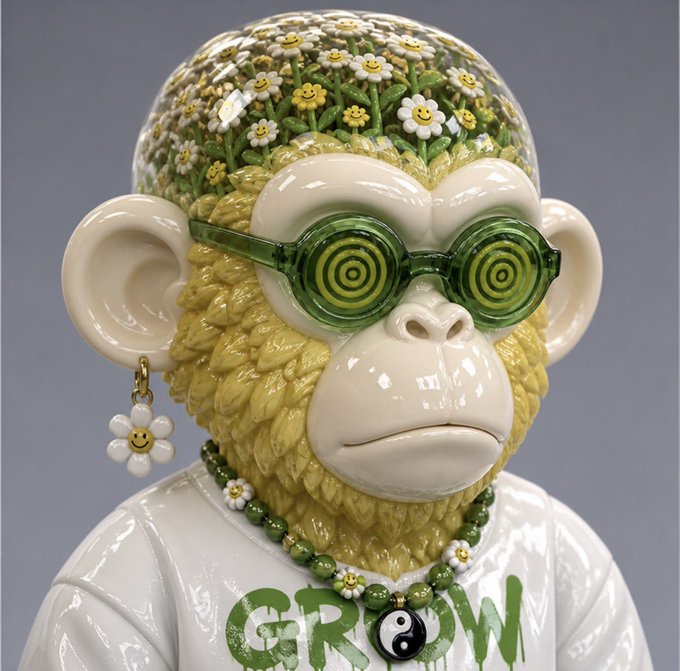 A designer art toy figure of a monkey with green hypnotic spiral glasses, a daisy earring, a yin-yang pendant, and a white 'GROW' t-shirt, featuring daisies growing from its head.
