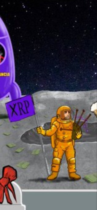 An astronaut in an orange spacesuit plants an "XRP" flag on the moon's gray cratered surface, with a purple rocket labeled "LUNCIA" launching into the starry background. The image visually represents crypto traders "enjoying" the lunar conquest of claiming a new token, with scattered cash suggesting profits to be made.