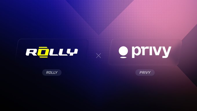 A promotional graphic showing a partnership between 'ROLLY' and 'privy' with their logos displayed side by side against a blue and pink gradient background.