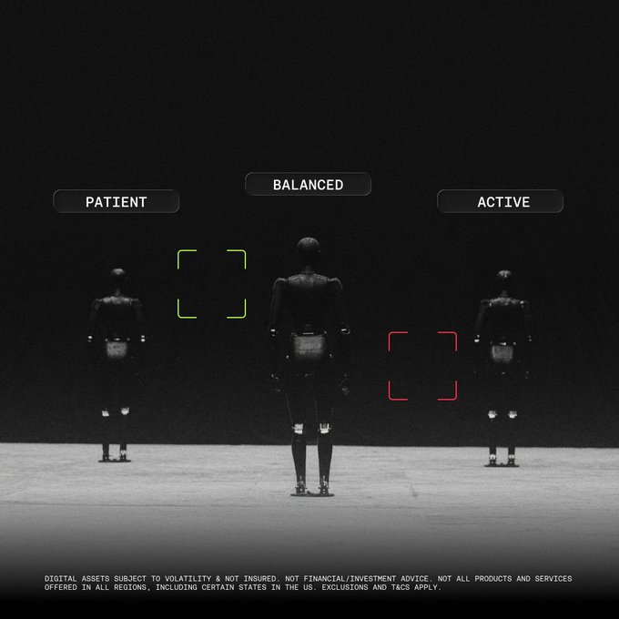 Three robotic figures stand on a lunar-like surface beneath labels reading "PATIENT," "BALANCED," and "ACTIVE," visually representing the three DCA speed options offered by the bot in Simple Mode. Selecting bracketed targeting frames in green and red highlight the balanced and active choices, illustrating the customizable trading pace users can select.