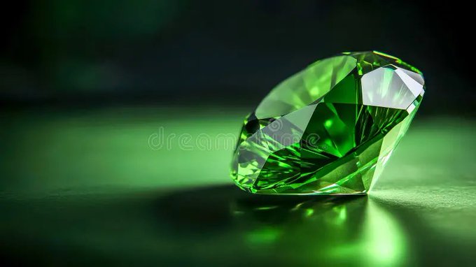 A brilliant green gemstone, likely a peridot or tsavorite, rests on a dark surface casting a luminous green reflection, with a faint "dreamstime" watermark visible across the center—its vivid color and flawless faceting visually echoing the post's metaphor of a "real winner" emerging from doubt, where true value shines through once patience and conviction replace luck.