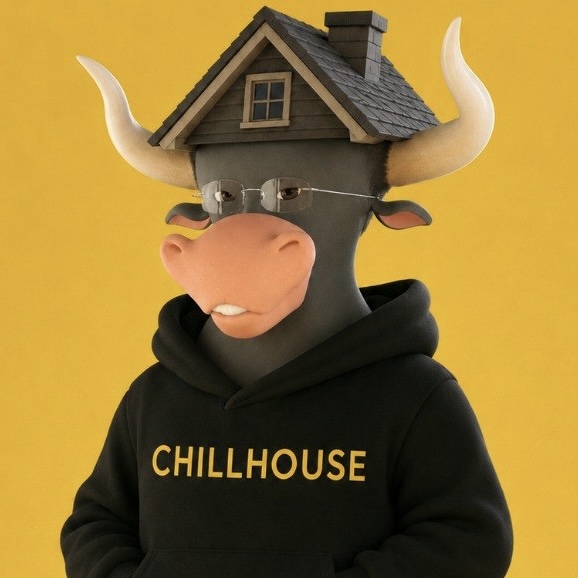 A 3D-rendered cartoon bull character wears a small gray house on its head and a black hoodie with "CHILLHOUSE" printed in gold text, set against a yellow background.