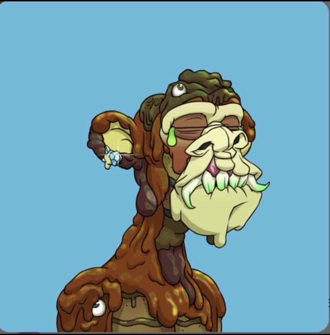 A cartoon illustration of a grotesque, decayed character with a large nose, drooping features, and a green nose drip against a light blue background.