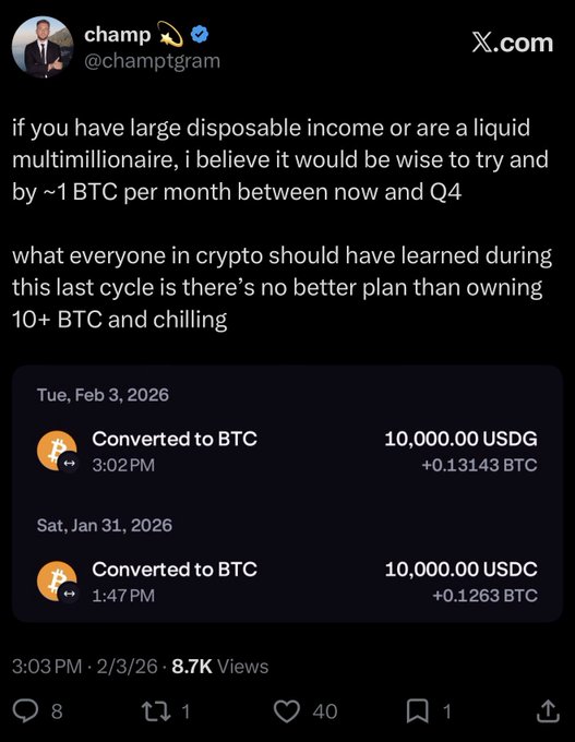 A tweet from user @champtgram advising liquid millionaires to buy approximately 1 BTC per month, showing two recent conversions of 10,000.00 USDC and USDG into Bitcoin.