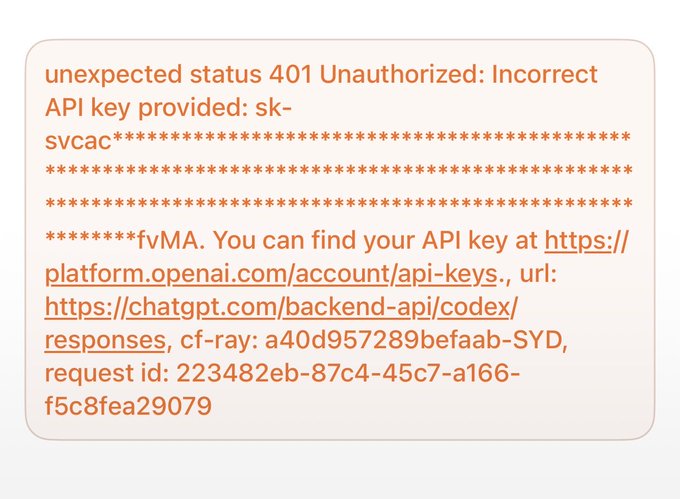 A screenshot of an orange text error message displaying 'unexpected status 401 Unauthorized: Incorrect API key provided' along with a redacted key and a link to 'https://platform.openai.com/account/api-keys'.