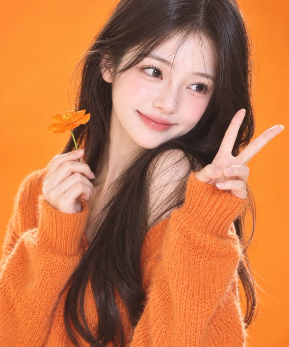A young woman wearing an orange sweater poses with a peace sign and holds a small yellow flower against an orange background.