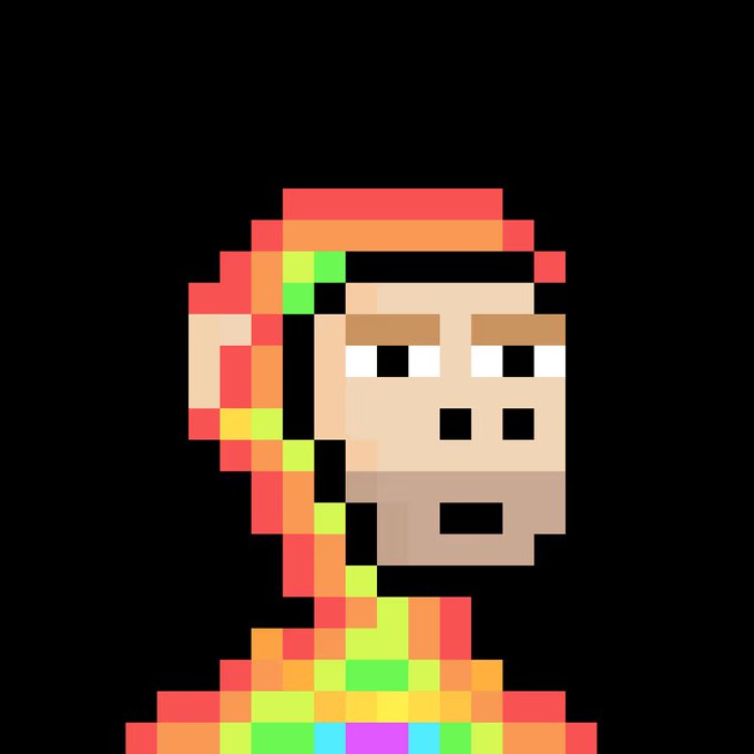 Pixel art portrait of a person with a rainbow-colored beard and skin wearing a vibrant multicolored outfit against a black background.
