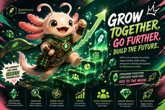 A cartoon axolotl mascot scales a staircase of glowing green blocks next to bold text reading "GROW TOGETHER. GO FURTHER. BUILD THE FUTURE." and "AXO TO THE MOON," with the Robinhood Chain logo and a row of icons at the bottom labeled Discover, Analyze, Make Calls, Grow, Build Community, Create Wealth, and To the Moon. The vibrant "GM"-style graphic visually matches the post's upbeat community message announcing AXO's new dynamic Open Graph link preview feature on Robinhood Chain.