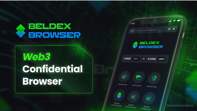 A promotional graphic for 'BELDEX BROWSER', described as a 'Web3 Confidential Browser', showing a smartphone interface with various decentralized app icons.