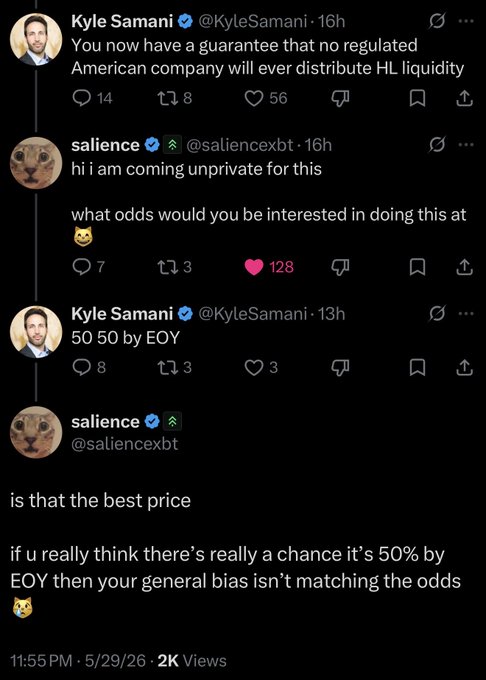 The image consists of three tweets posted on Twitter, each sharing different information about an EOF named KyleSamani. The first tweet from the left is directed at the user @Sallence, and it reads, "Is that the best price?" followed by a question mark. The second tweet from the right is directed to the user @KyleSamani itself and asks, "What do you think there's really a chance it's 50%?". The third and final tweet is directed at the user @ KyleSamani again, this time asking for an explanation about how they got their price set at 50%. These three tweets collectively discuss the pricing of EOF Hyperliquid.