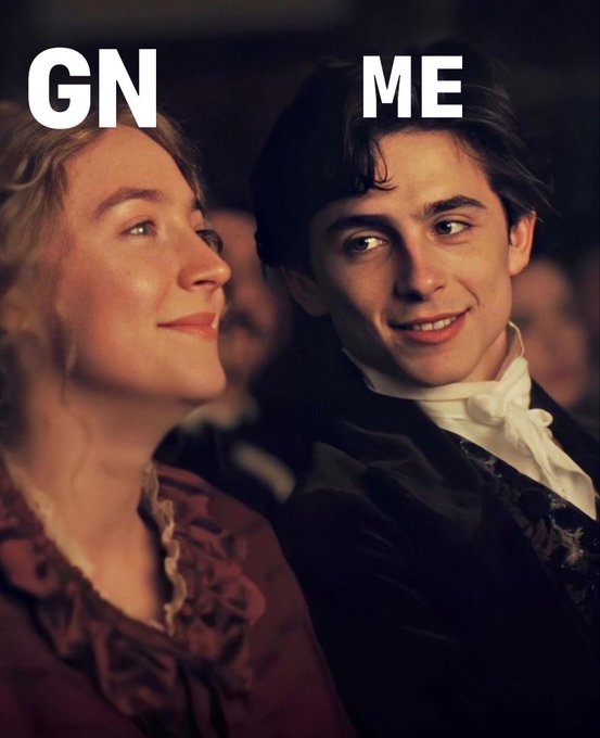 Close-up photo of Kate Winslet and a young man in formal period attire, labeled 'GN' over the woman and 'ME' over the man in a humorous meme format.