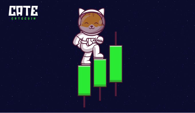 An astronaut cat in a spacesuit climbs atop ascending green candlestick bars against a starry background, with the "CATE CATECOIN" logo in the corner, visually symbolizing the bullish price growth and momentum of the $CATE token on the BNB Chain.