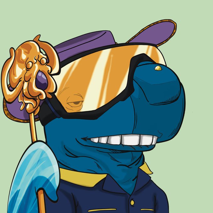 A cartoon illustration of a blue anthropomorphic character wearing a purple hat and goggles, holding a lollipop featuring a screaming orange face and a blue crystal