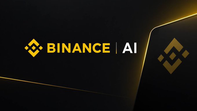 The image features the "BINANCE | AI" branding in gold and white text on a dark background, with the iconic Binance logo and a glowing smartphone displaying the logo on the right. This promotional graphic ties directly to the post, as the author introduces their hands-on review of Binance's AI-powered tool for trading insights and market research.