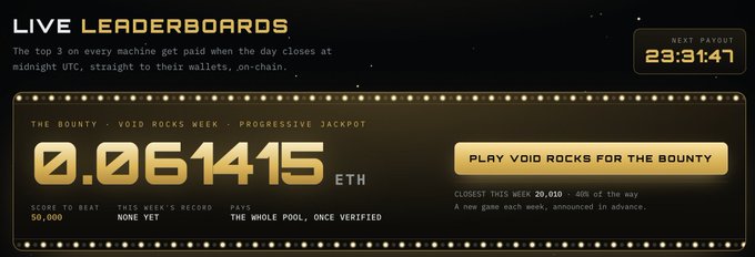 A 'Live Leaderboards' screen shows a bounty of 0.061415 ETH for 'The Bounty - Void Rocks Week', with a countdown to the next payout.