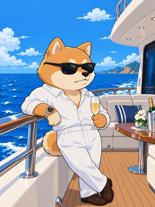 An anime-style illustration depicts a Shiba Inu dog wearing sunglasses and a white outfit, casually leaning on the railing of a yacht while holding a glass of champagne, with a champagne bucket and ocean view in the background.