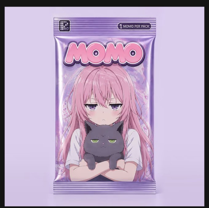 An image of a lavender-colored "MOMO" snack pack featuring an anime girl with long pink hair holding a grey cat. The pack's packaging includes the text "1 MOMO PER PACK."