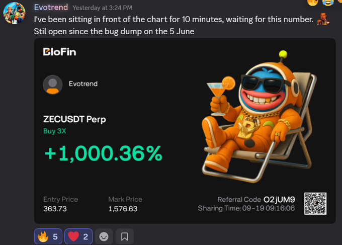 A Discord post from user "Evotrend" shares a BloFin trading screenshot showing a +1,000.36% gain on a ZECUSDT Perp position (Buy 3X), with an entry price of 363.73 and mark price of 1,576.63, accompanied by a celebratory cartoon character in sunglasses lounging in a chair. The image illustrates the post's point about achieving massive gains through patience and discipline, serving as proof-of-performance to promote the "Inner Circle" alpha-sharing community.
