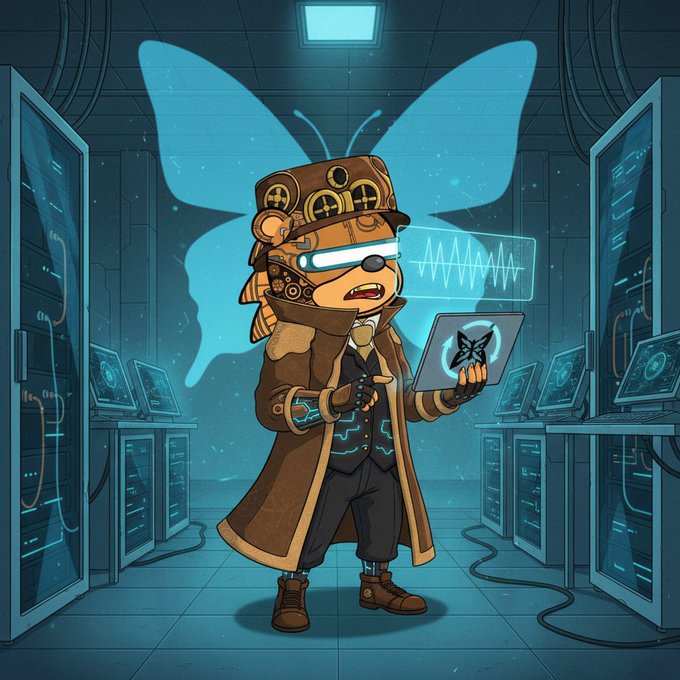 A cartoon illustration of a steampunk-styled bear character with a top hat, goggles, and a trench coat, holding a tablet displaying a butterfly emblem inside a server room.
