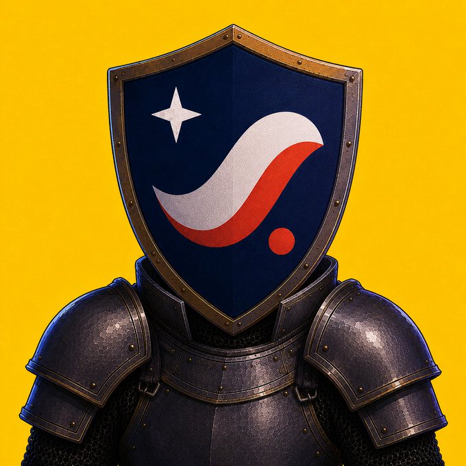 The image features a person wearing a metal suit of armor, with their face obscured by the helmet's visor. The helmet has a shield design on its front, which includes a star and a red circle. The background color is yellow, providing contrast to the black armor and the white star on the shield. The caption "shielded mode on" suggests that the image might be related to a post about armored modes or a similar theme.