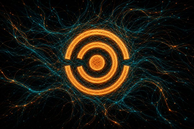 A digital artwork featuring a glowing orange circular portal-like structure surrounded by intricate web-like fibers in teal and gold against a black background.