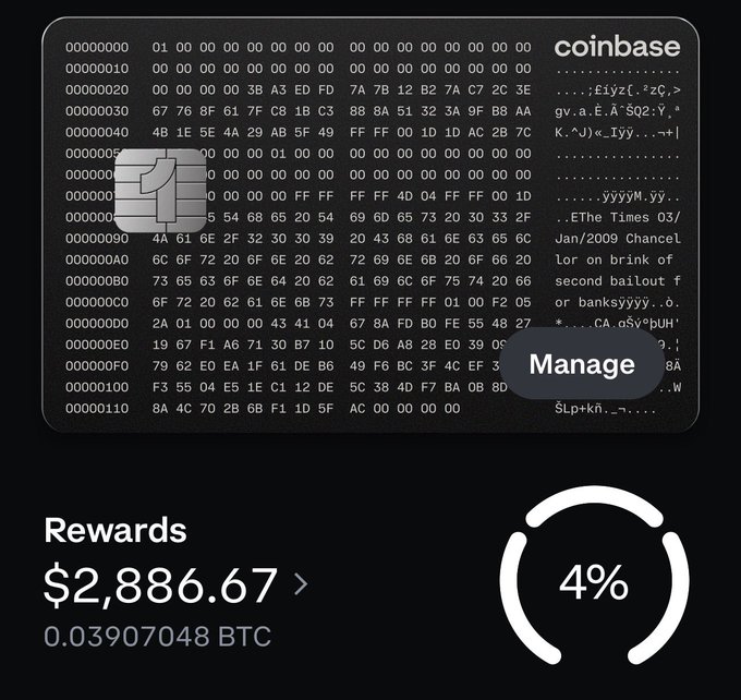The image shows a coinbase card, which is a type of credit card designed specifically for Bitcoin transactions. It has a black background with white text that displays the details about the card, including its purpose and features. The card's main function is to facilitate easy stacking of Bitcoin transactions, making it convenient for users who want to manage their Bitcoins securely without having to switch between different payment methods or exchanges.