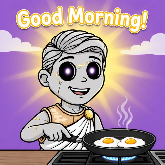 A chibi-style robot with glowing purple eyes cooks sunny-side-up eggs on a gas stove beneath a bright "Good Morning!" banner against a purple sky. The image playfully matches the post's "Gm" greeting and giveaway vibe, using the cheerful "Good Morning!" text and friendly breakfast scene to set a warm, inviting tone for the 24-hour SOL wallet giveaway.